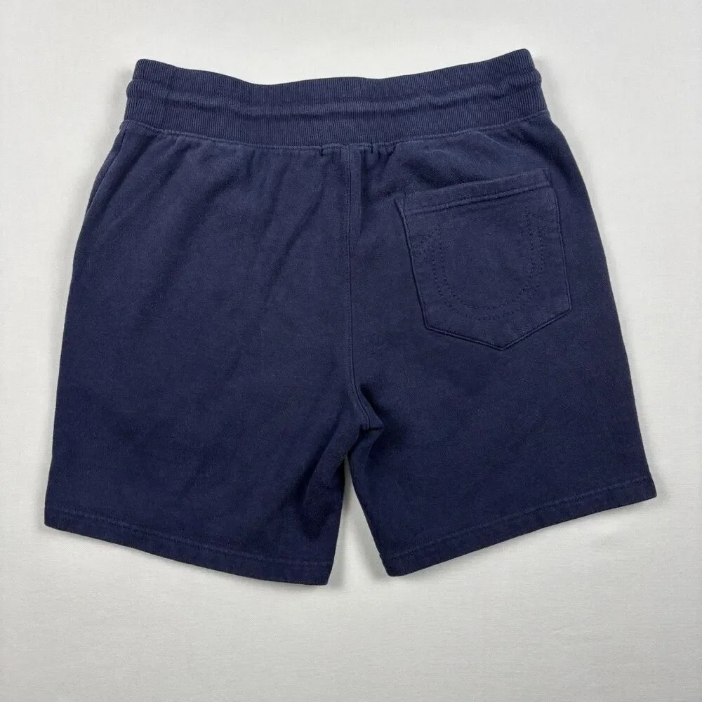 True Religion Frayed Sweat Shorts Navy Mens Size S Horseshoe Logo Drawstring